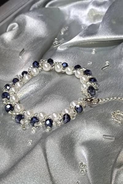luxury Pearl &  Navy Crystal Bracelet - Elegant Party Wear 