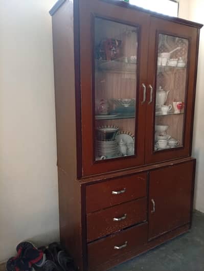 Brown Wooden Crockery Cabinet / Showcase with Glass Doors  Condition
