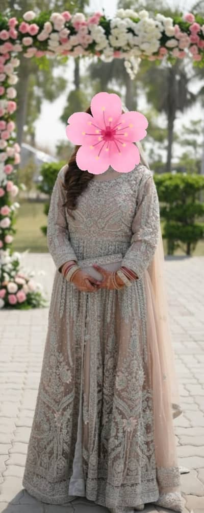 Nude / light gold base with detailed silver embroidery. Champagne beig