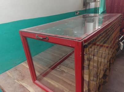 “Food Display Counter with Glass Cover & Wooden Counter Table”