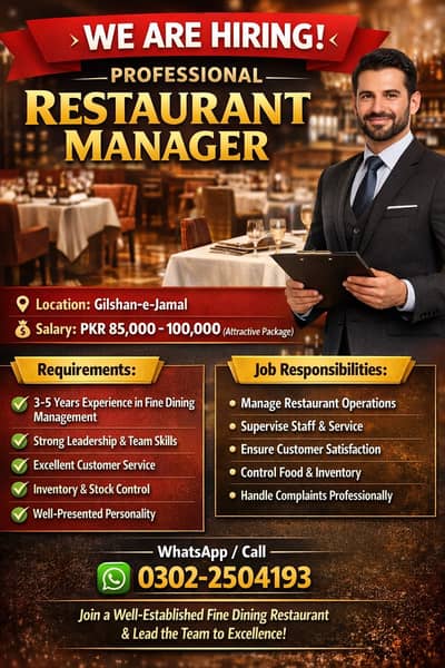 Restaurant Manager Required – Fine Dine Restaurant contact on watsap