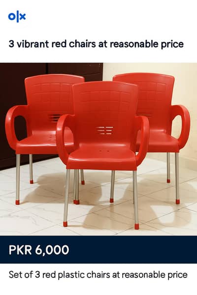3 Red Plastic Chairs with Metal Legs – Rs. 6000