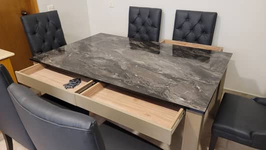 Modern Dining Table with 6 Black Tufted Chairs