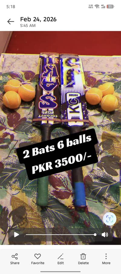 2 Bats Rawalakot half Caine with 6 balls 72mm