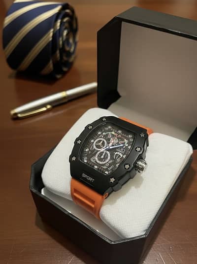 Luxury Sport Chronograph Square Dial Watch with Orange Silicone Strap