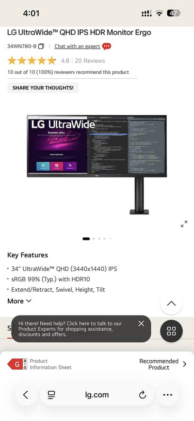 LG 34” UltraWide Ergo QHD IPS HDR Monitor with FreeSync
