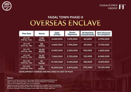 10 Marla Plot File Booking in Rs 22,85,000 on Installments in Overseas Enclave Faisal Town Phase 2.