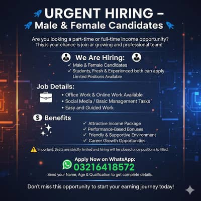 We are hiring Male and female candidates for Full-time Part-time Work