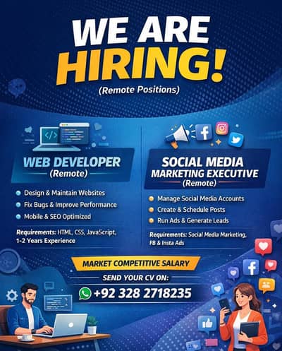 Web Developer || Social Media Marketer || Remote Jobs (Male & Female)