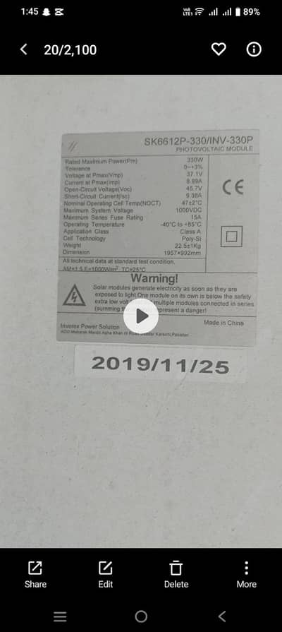 330 wat ok condition  10000 panel plate