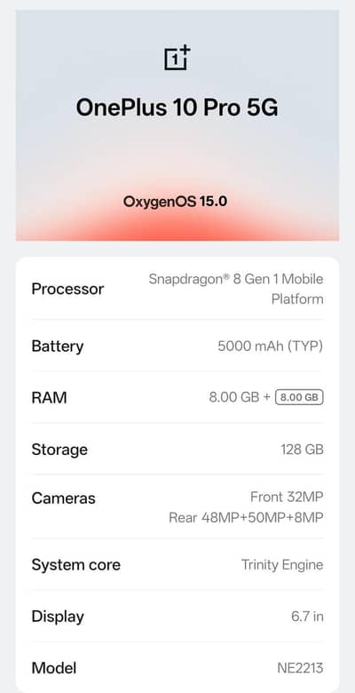 ONEPLUS 10 PRO RAM. 8+8 ROM. 128