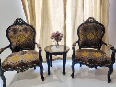 Elegant Wooden Chairs (Set of 2) with Glass Coffee Table