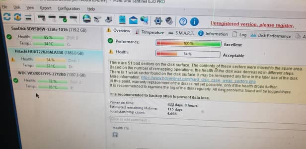 2000gb 2tb hard disk drive o3o28oo78o6 34% health