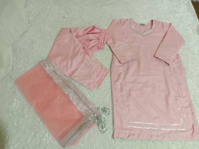 3pcs indian Raw silk dress with net duppta with 4 sided piping