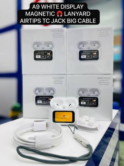 A9 Wireless Earbuds – White Display, Magnetic TC Jack, Full Kit