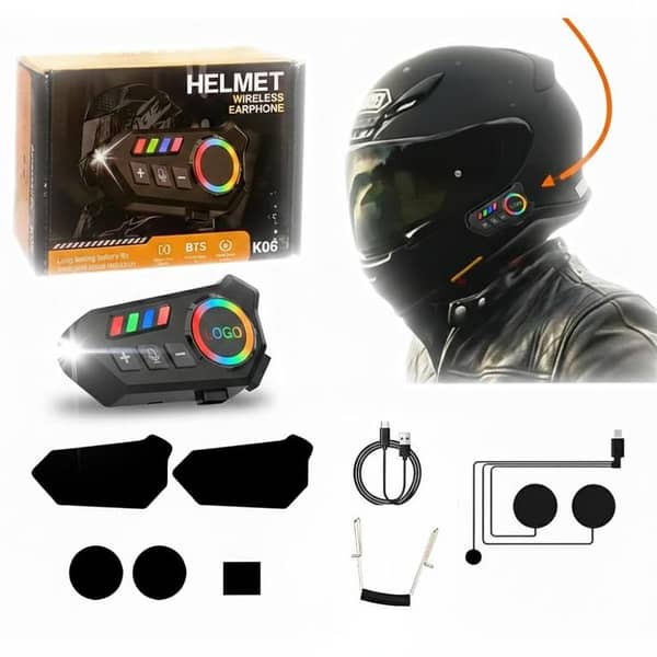Universal Bluetooth Cardo Style Intercom Headset for Helmets - K06 / K06A Wireless Motorcycle Headset Earphone - Waterproof, 50H Playtime, Hands-Free Calling, Noise Cancellation Mic, RGB FlashLight for Bikers, Delivery & Touring - By FunBug