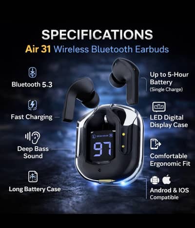 Air 31 Wireless Airbuds – Touch Control | Long Battery | Ramadan Offer