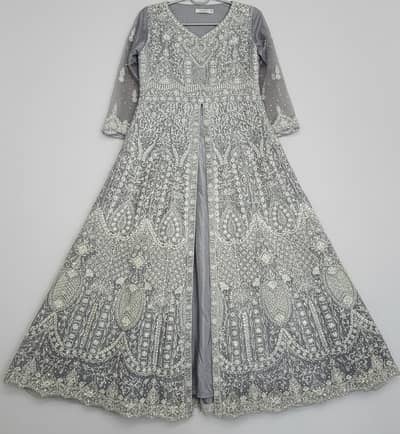 Heavy Embroidered Grey Net Maxi – Wedding / walima dress