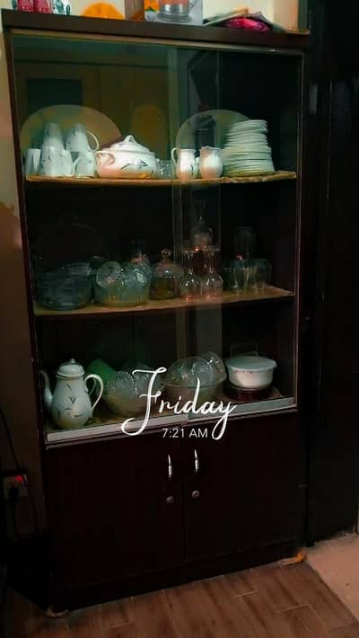 Elegant Wooden Crockery Showcase with Sliding Glass Doors