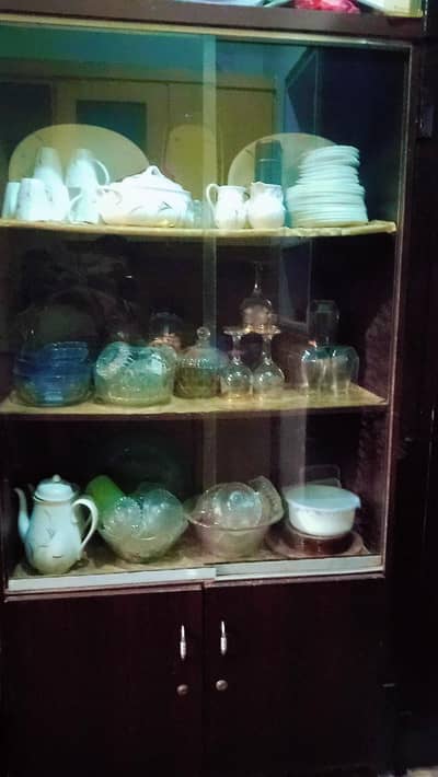 Elegant Wooden Crockery Showcase with Sliding Glass Doors