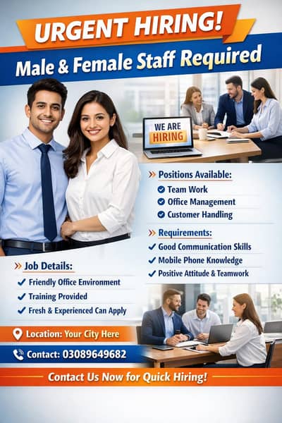 Urgent Hiring Male & Female Staff for Office Work – Apply Now