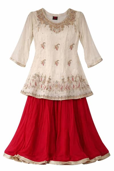 Luxury Cream Net Shirt with Red Lehenga and duppata– Party Wear