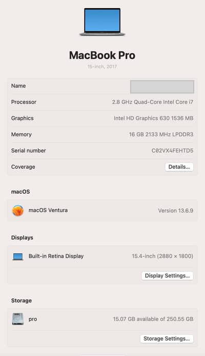 MacBook Pro 15-inch 2017 — Core i7 | 16GB RAM | 256GB SSD |4GB Graphic