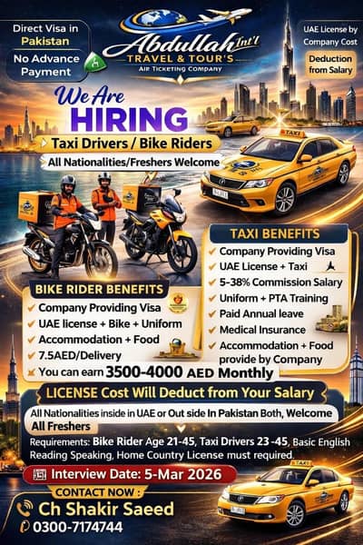 UAE taxi driver and bike rider job dubai