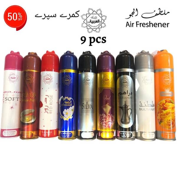 9-Pack Air Fresheners by Al Arabia: SOFT, BAHRAIN PERAL, RED ROSE, AROOSAH, SILVA, OUD, DARAHIM, SULTANAT, BAKHOUR ARABIC - 300ml Bottles for Home, Car, Office