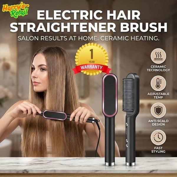 Hair Straightener Brush – Electric Hair Brush with Temperature Control and Ionic Ceramic Bristles