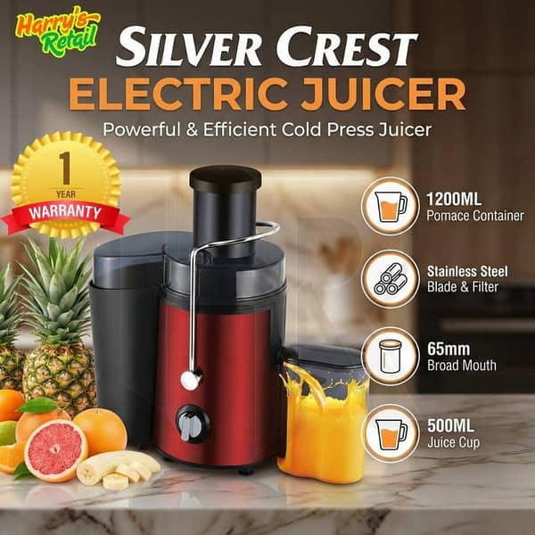 Silver Crest Electric Juicer Machine – Cold Press Juicer with 65mm Wide Mouth, 1200ml Pomace, 500ml Juice Cup, Stainless Steel Blade & Filter, 1200W (or specified power) Motor, 1-Year Warranty