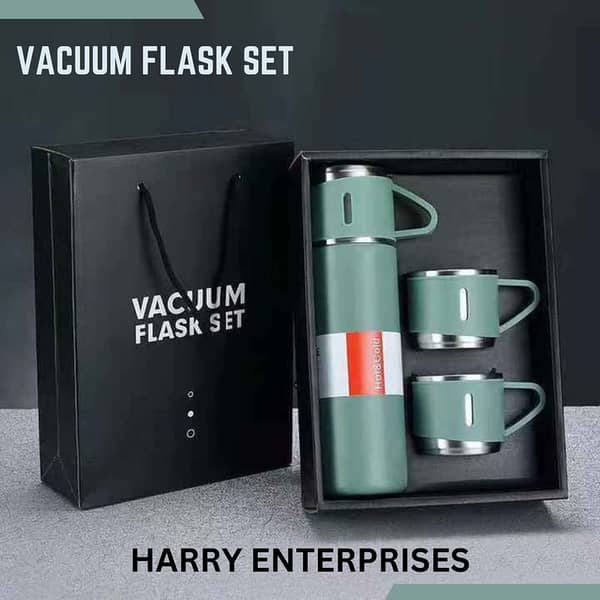 Vacuum Flask Set -  Water Bottle - Thermos - Traveling Bottle And Cup Set 500ml - For Coffee, Tea, Hot And Cold Drink - Travel Friendly Combo With 3 Steel Cups And Bottle - Thermal Sport Bottle - Mug Set - Gift Box Set - Portable Cup Set.