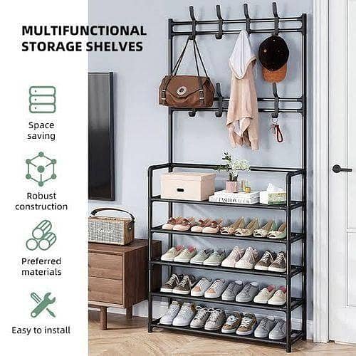 Multifunctional Shoe Rack Stand – 5-Tier Storage with Coat Hanger and Hat Rack