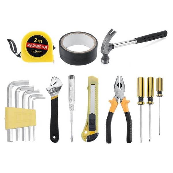 Tool Set – Tool Box – Multi-Purpose Home & Office Repair Kit with Hammer, Screwdrivers, Wrench, Pliers, Allen Keys, Measuring Tape & Cutter in ABS Carry Case
