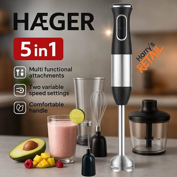 5-in-1 Hand Blender HB-80C. 023A by HAEGER – 1000W Multifunction Stick Blender with Chopper, Whisk, Milk Frother & Measuring Cup