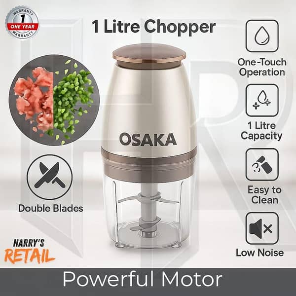 Chopper Machine Osaka 1 Litre Electric Chopper – Stainless Steel Bowl, Sharp Blades & Powerful Motor