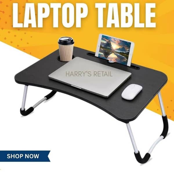 Wooden Laptop Table – Study Table – Wooden Table – Portable Foldable Bed Table for Laptop, Study & Gaming | Multi-Purpose Computer Desk with Tablet & Cup Holder | Ergonomic Folding Desk for Bed, Sofa & Floor | Home Office & Student Use