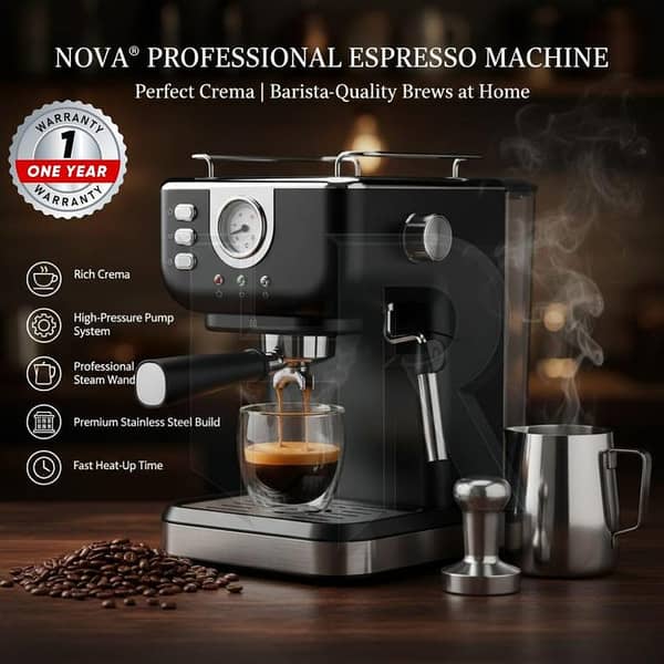 NOVA Professional Espresso Coffee Machine 1-8-3 | 20 Bar, 2220W, Milk Frother – Home & Office Cappuccino & Latte Maker