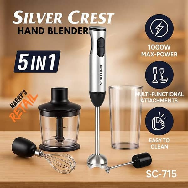 5-in-1 Hand Blender SC-715 HB-80C. 023A by Silver Crest: 1000W Multifunction Stick Blender with Chopper, Whisk, Frother and 600ml Beaker (Silver)