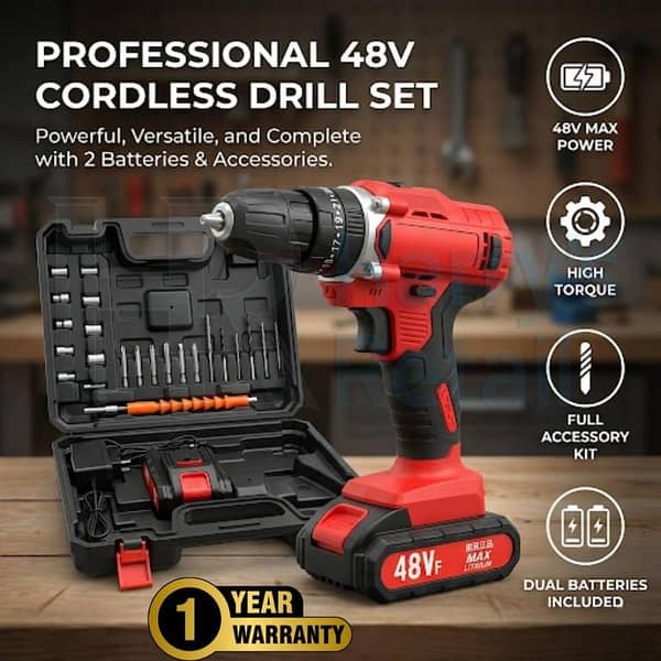 Rechargeable Drill Machine - Electric Screwdriver - 48V Cordless Drill Set with Dual Batteries, Charger and LED Light