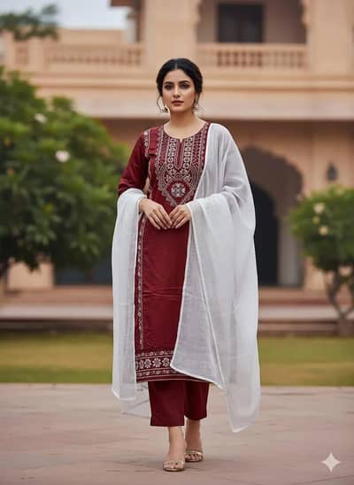 Product Name: Elegant Maroon Embroidered Lenin suit - 3 pcs set
