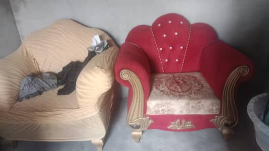 3+1+1 Sofa Set (1.5 Year Used) – Maroon & Golden