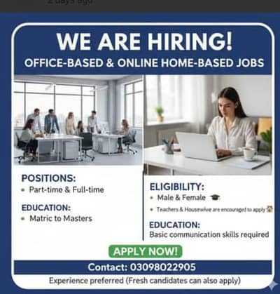 Office & Online Part-Time / Full-Time Jobs Available (Male & Female)