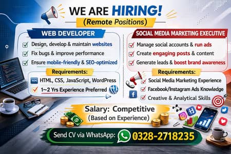 Web Developer || Social Media Marketer || Remote Jobs (Male & Female)