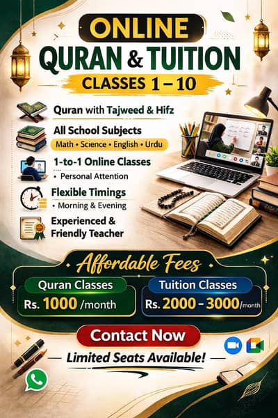 Experienced Online Quran & Tuition Teacher | Classes 1–10