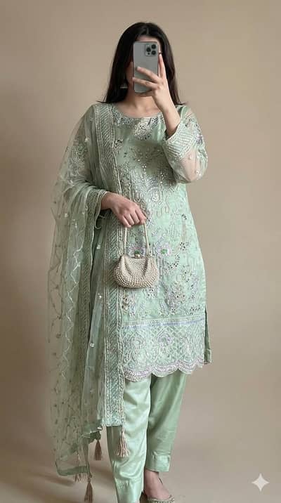 Elegant Mint Green Embroidered Suit | Party Wear | 3 Piece