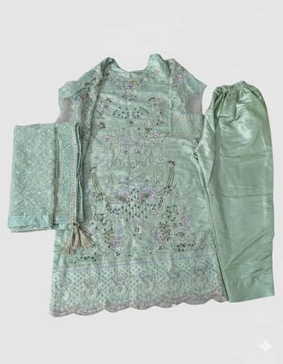 Elegant Mint Green Embroidered Suit | Party Wear | 3 Piece