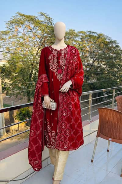 Red velvet dress with all over embroidery with banarsi golden trouser
