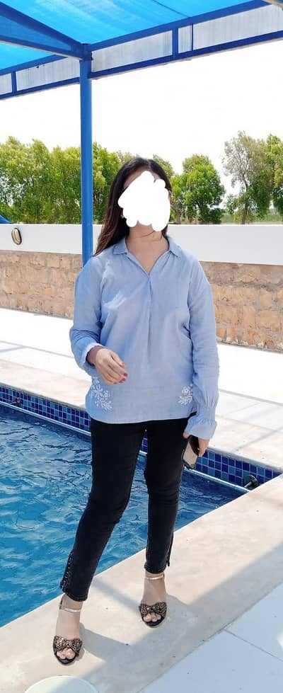 sky blue embroided shirt for women