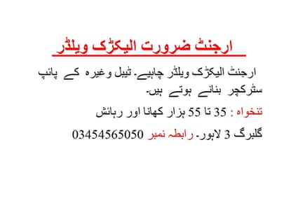 Experienced Fabricator Welder required for Office in Gulberg 3 Lahore